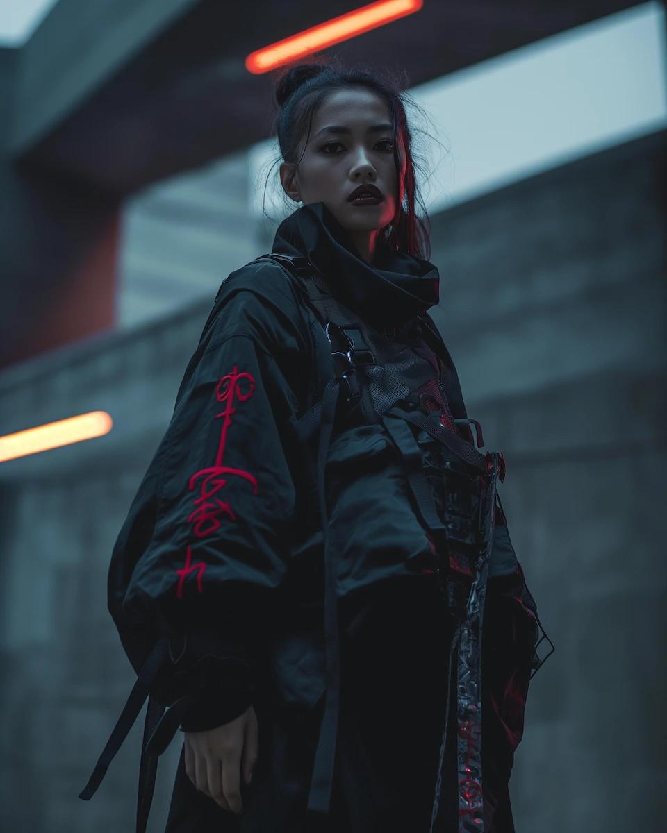 A model in Urban Samurai Fusion attire, where traditional samurai elegance meets modern urban style
